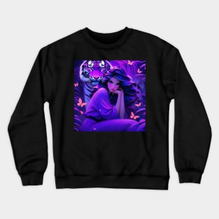 Fantasy girl with tiger in purple aesthetic Crewneck Sweatshirt